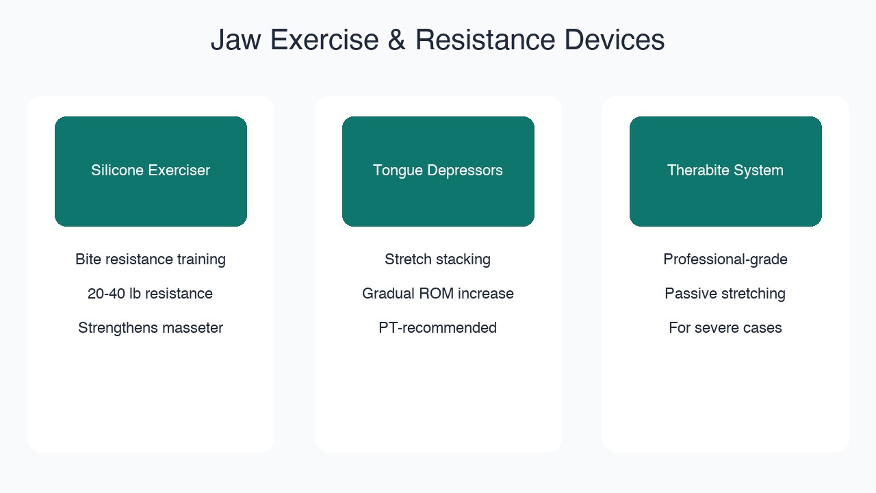 Collection of jaw exercise and resistance training devices including silicone jaw exercisers and bite strips for TMJ rehabilitation