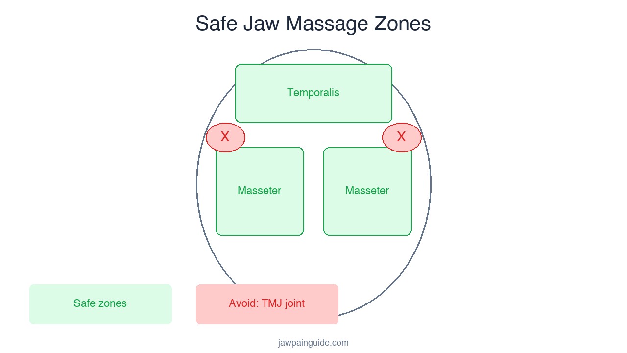 Anatomical diagram showing the correct massage zones on the jaw including the masseter muscle temporalis muscle and areas to avoid near the TMJ joint