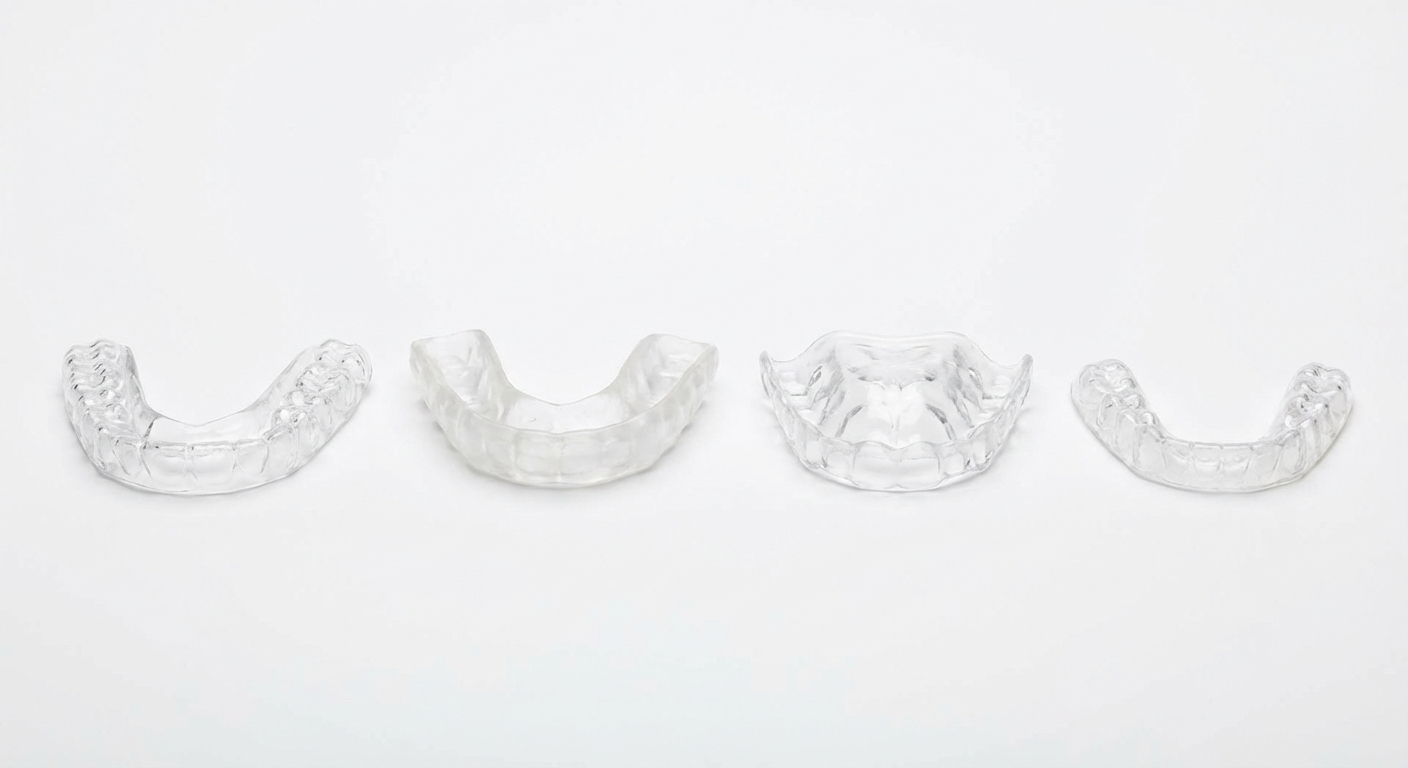 Collection of dental night guards for jaw clenching including custom fitted, boil-and-bite, and OTC options