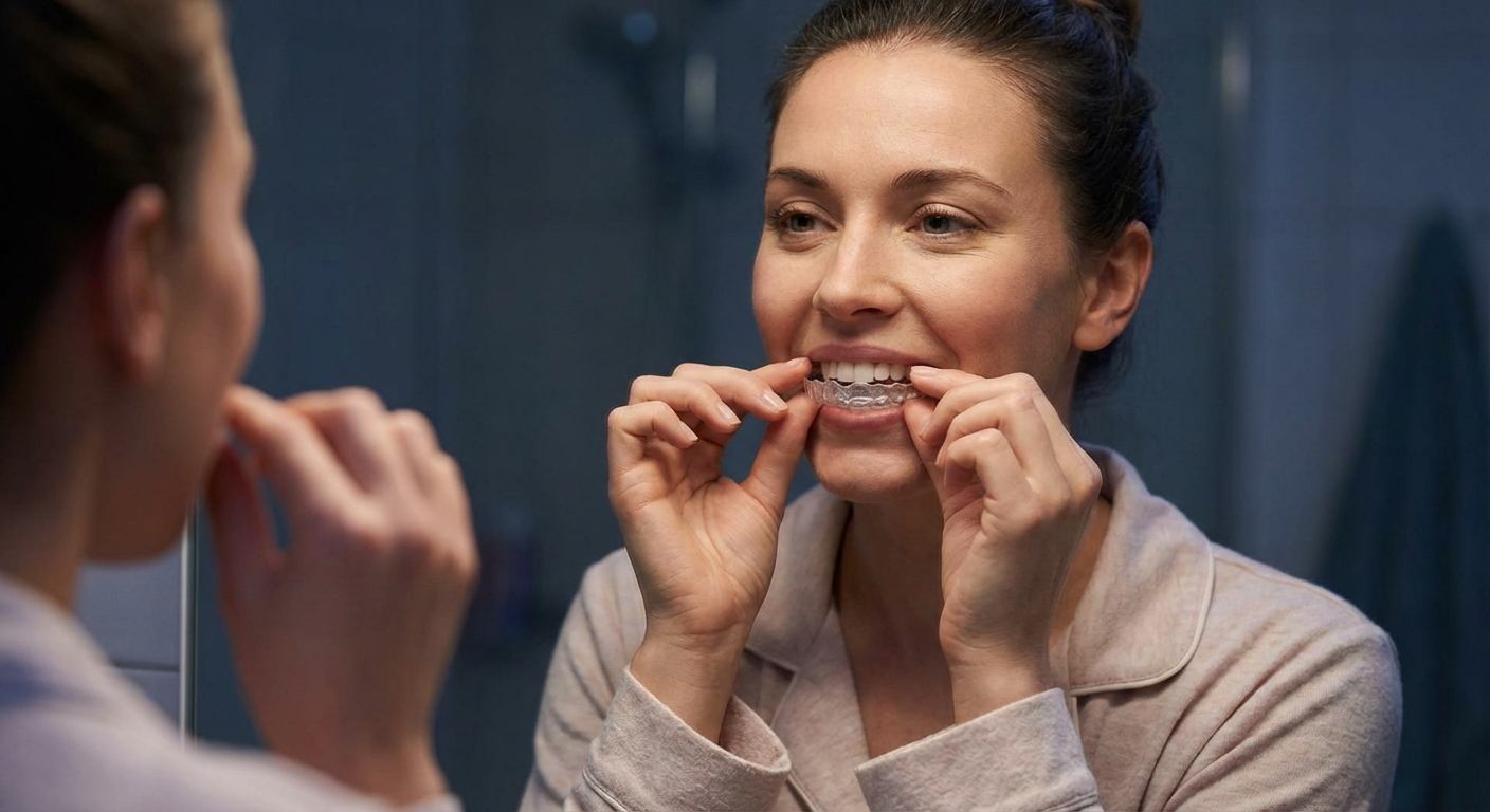Person correctly inserting a dental night guard onto upper teeth before sleep