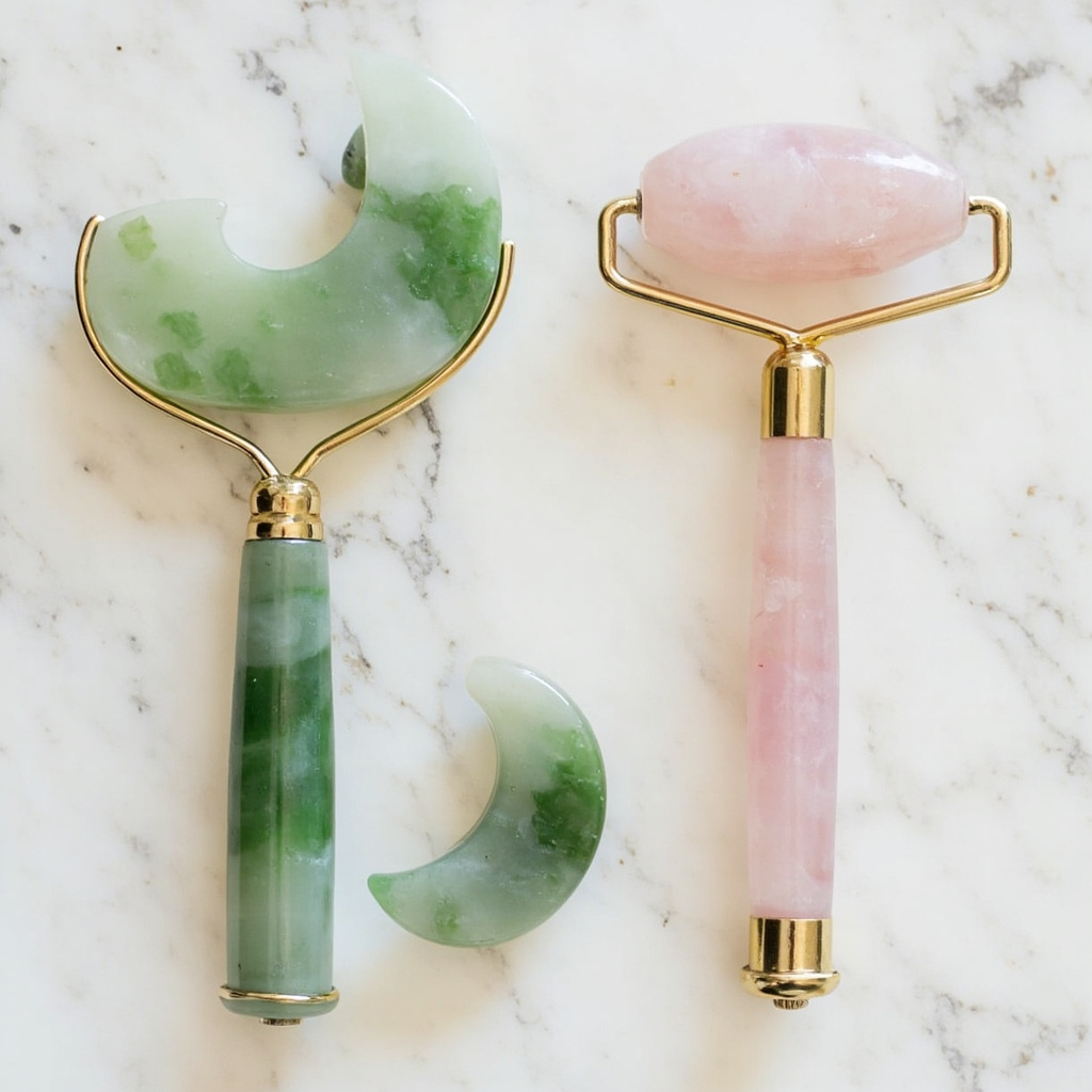 Jade Gua Sha tools and rose quartz roller for jawline massage
