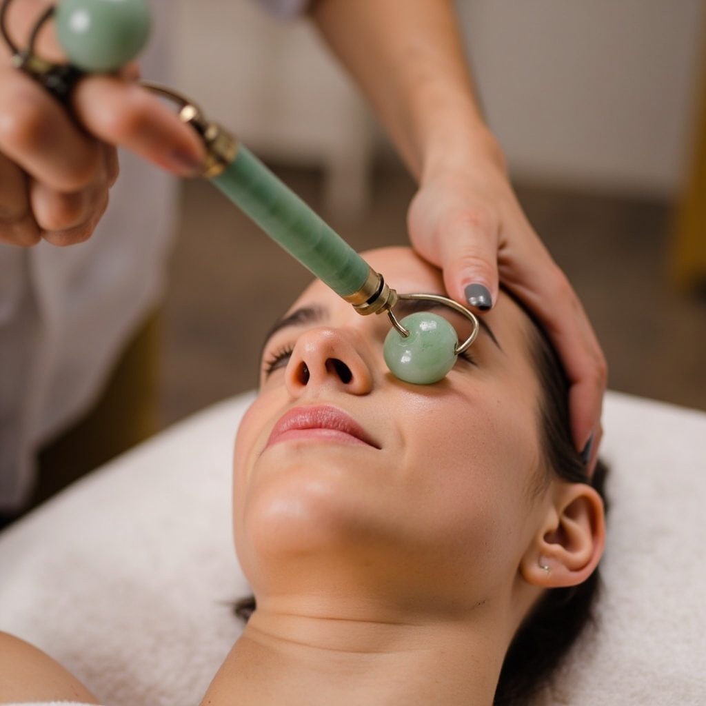 Jade roller and Gua Sha tool used on jawline for facial massage