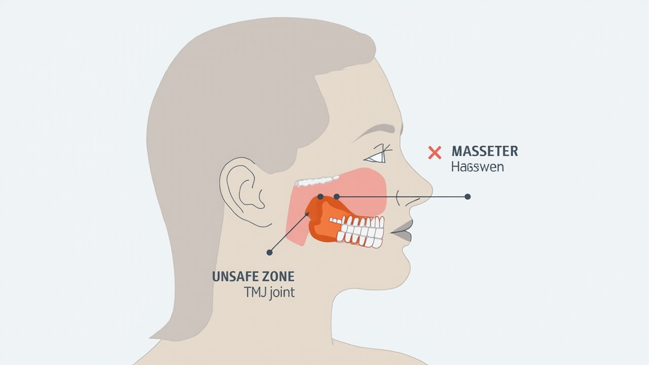 Jaw massager placement diagram showing the masseter muscle, temporalis muscle, and safe vs. unsafe massage zones for TMJ