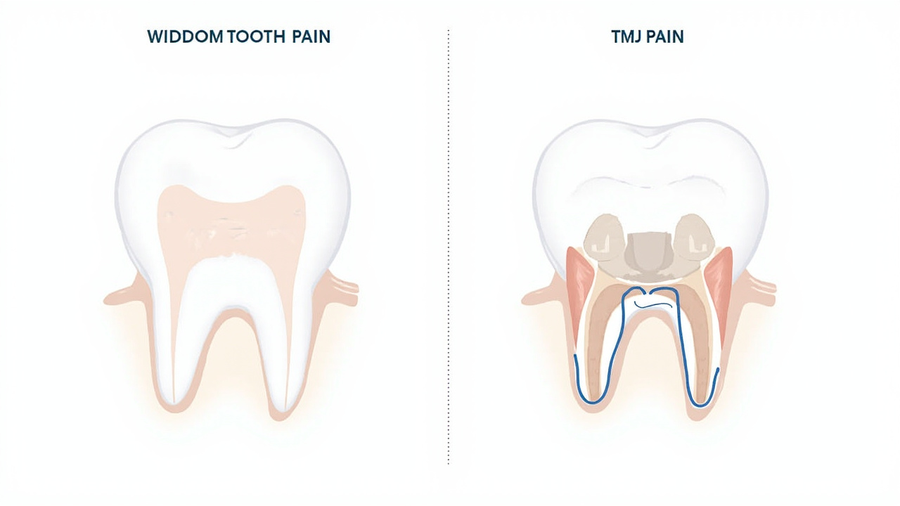 Side-by-side comparison infographic showing wisdom tooth pain vs TMJ pain: pain location, triggers, associated symptoms, duration, and treatment for each