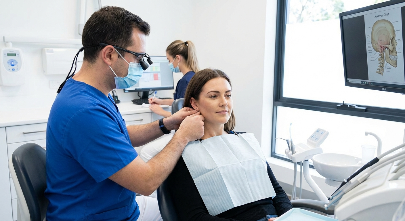 Dentist examining a patient's jaw with palpation while patient opens mouth, with panoramic X-ray visible on screen