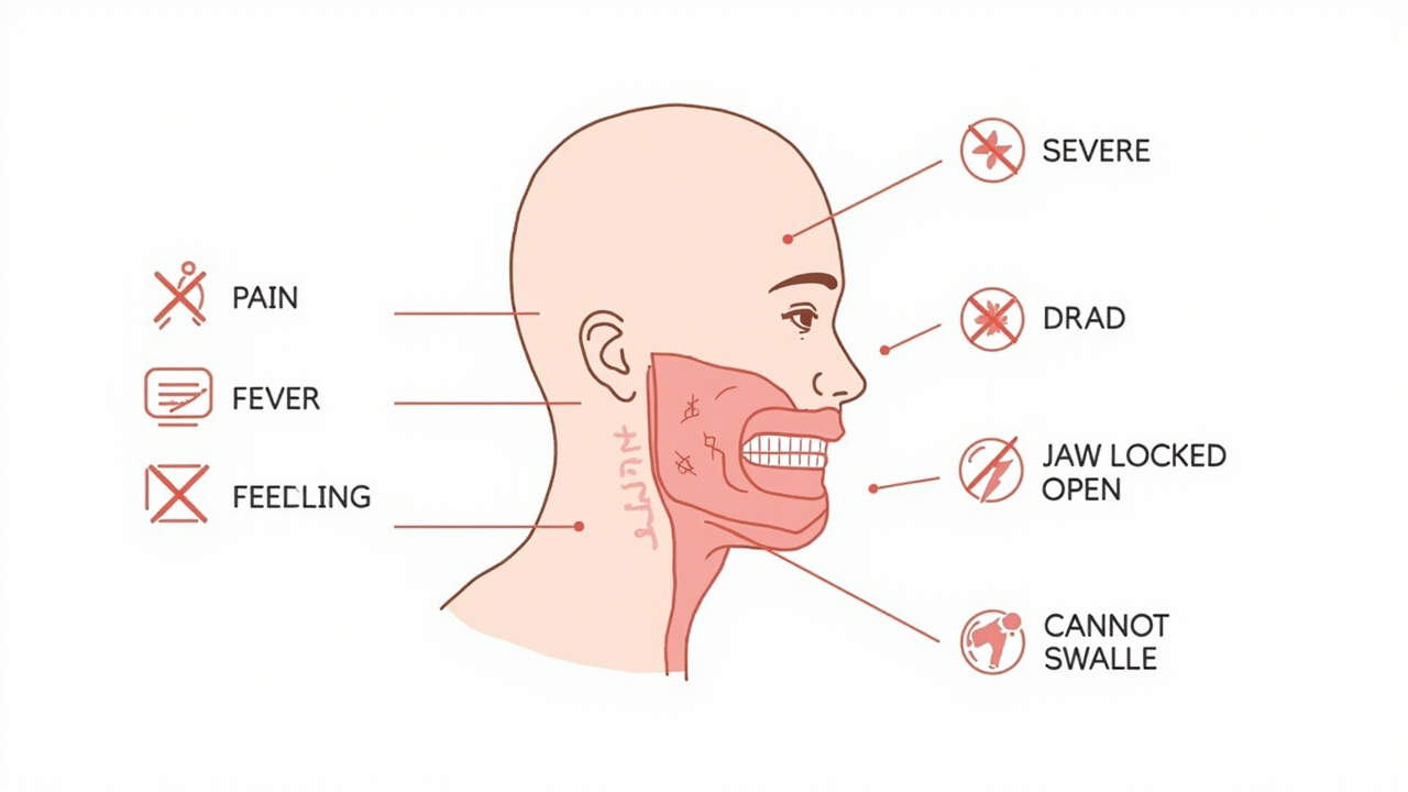 Emergency care warning signs poster showing jaw locking, severe swelling, fever, difficulty breathing or swallowing, and jaw asymmetry
