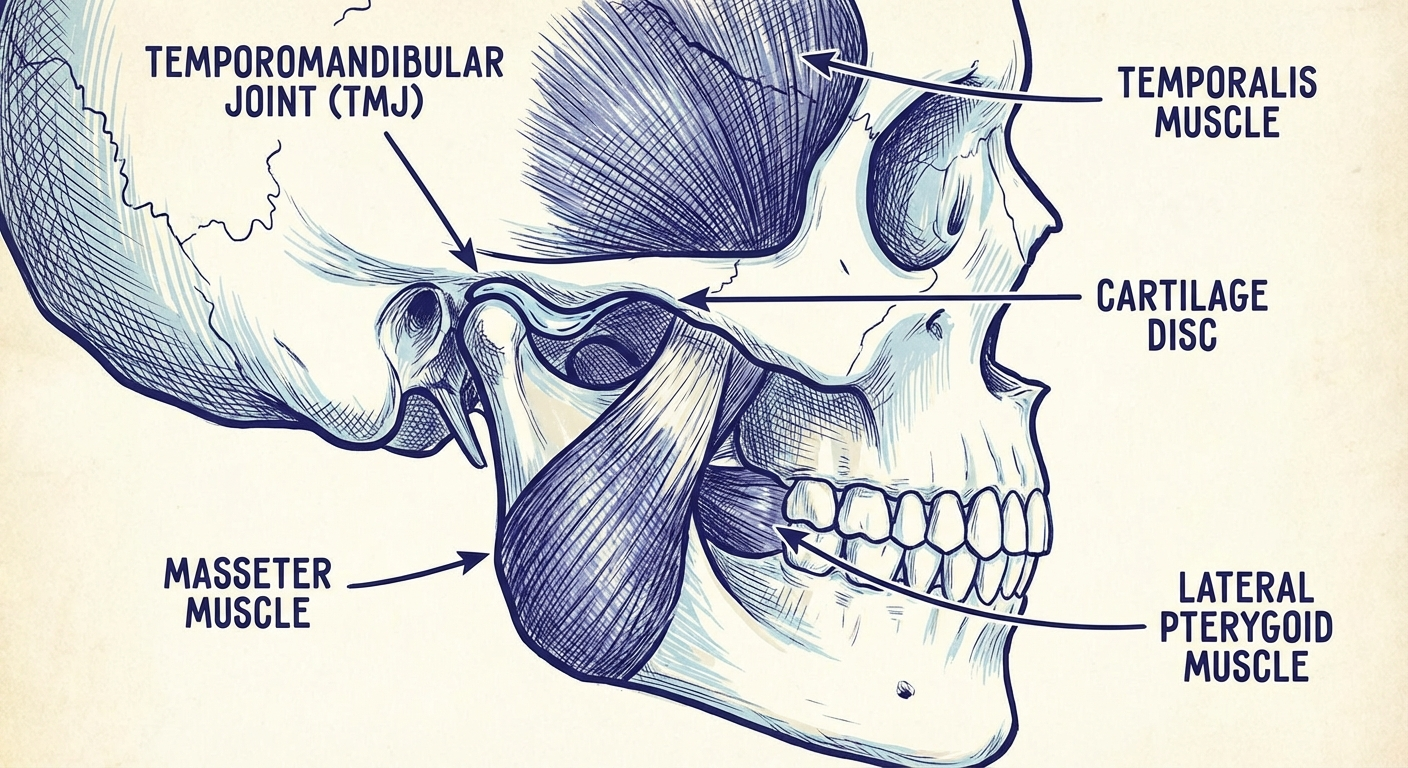 Diagram showing the anatomical location of wisdom teeth at the back of the mouth and the temporomandibular joint in front of the ear, highlighting the different pain locations