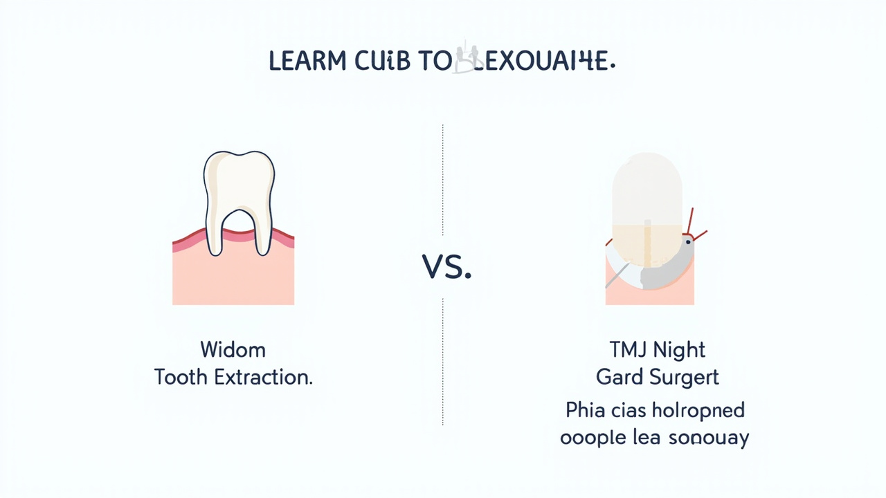 Treatment comparison showing wisdom tooth extraction procedure illustration next to TMJ treatment options including night guard, physical therapy exercises, and heat therapy