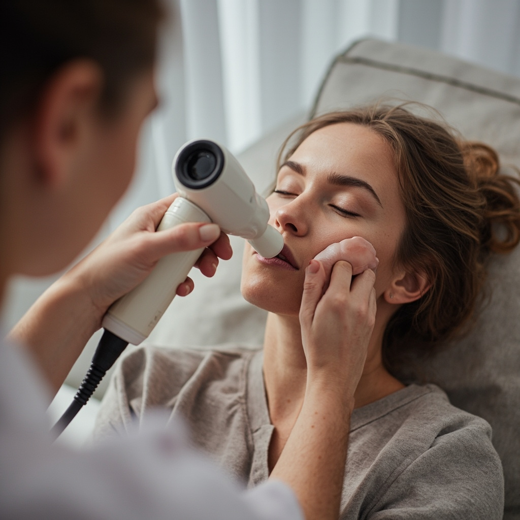 Massage gun with small attachment point being used on jaw muscle