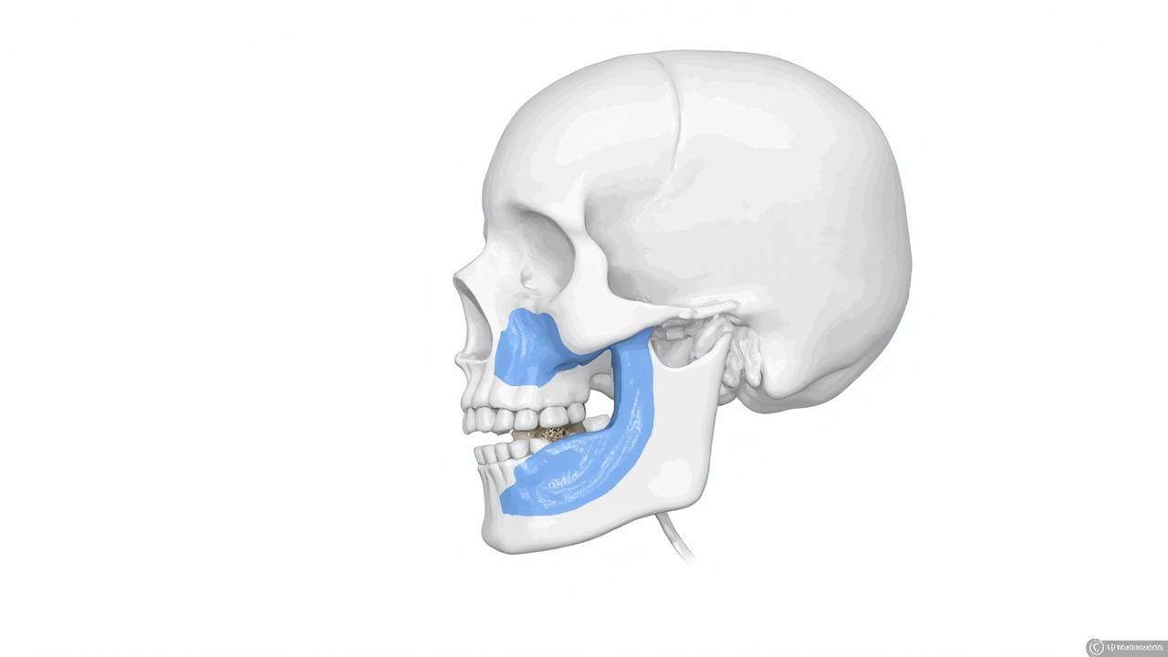 TMJ anatomy diagram showing the temporomandibular joint structure, jaw muscles, and nerve locations relevant to TMJ pain