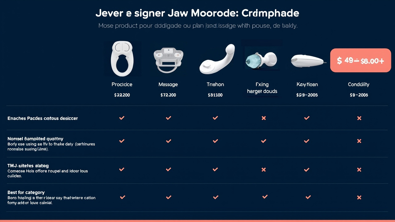 Comparison chart of 6 jaw massager types: electronic, manual, jaw stretchers, oral splints, EMS/TENS, intranasal
