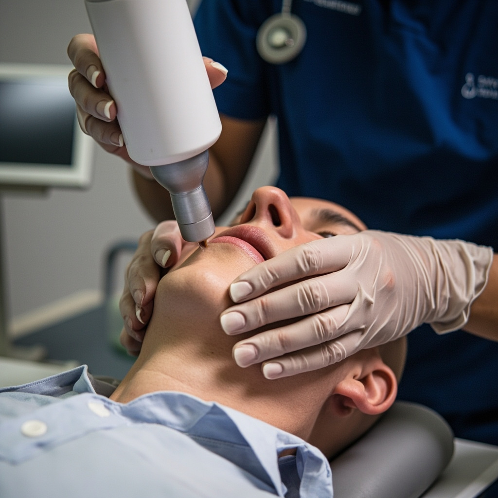 Portable ultrasound therapy device applied over jaw joint area