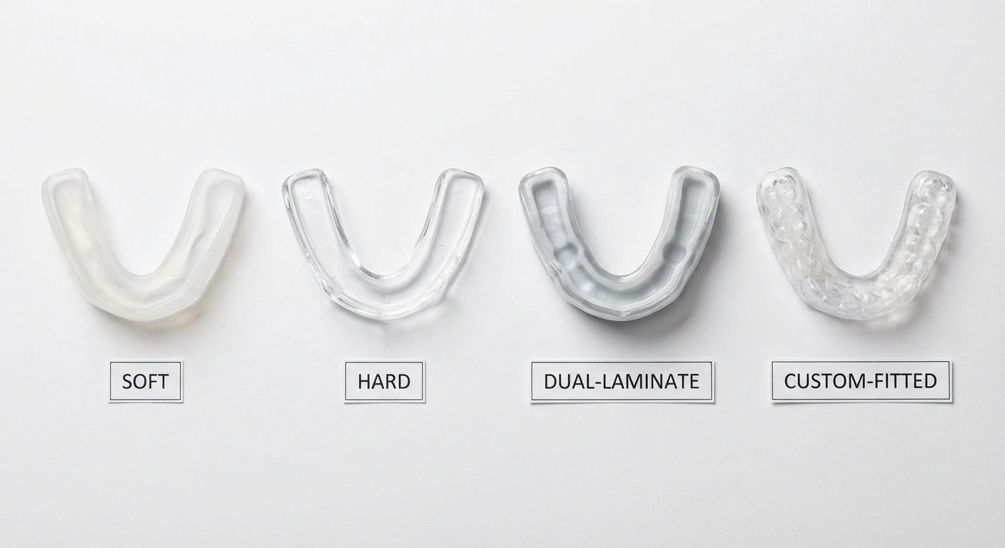 Comparison chart infographic for five night guards with columns for type, material, thickness, price, and best-for category