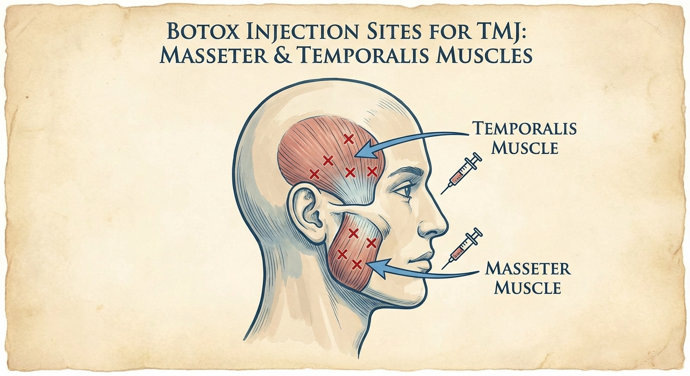 Diagram showing Botox injection point locations on the masseter and temporalis muscles for TMJ treatment