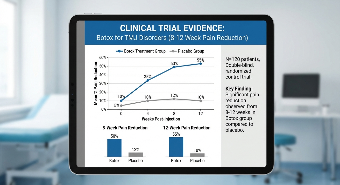 Researcher reviewing clinical trial data on TMJ botulinum toxin treatment outcomes