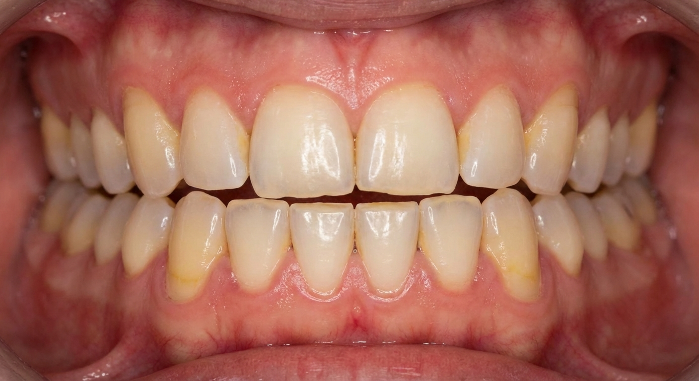 [close-up of teeth showing signs of grinding/bruxism wear]