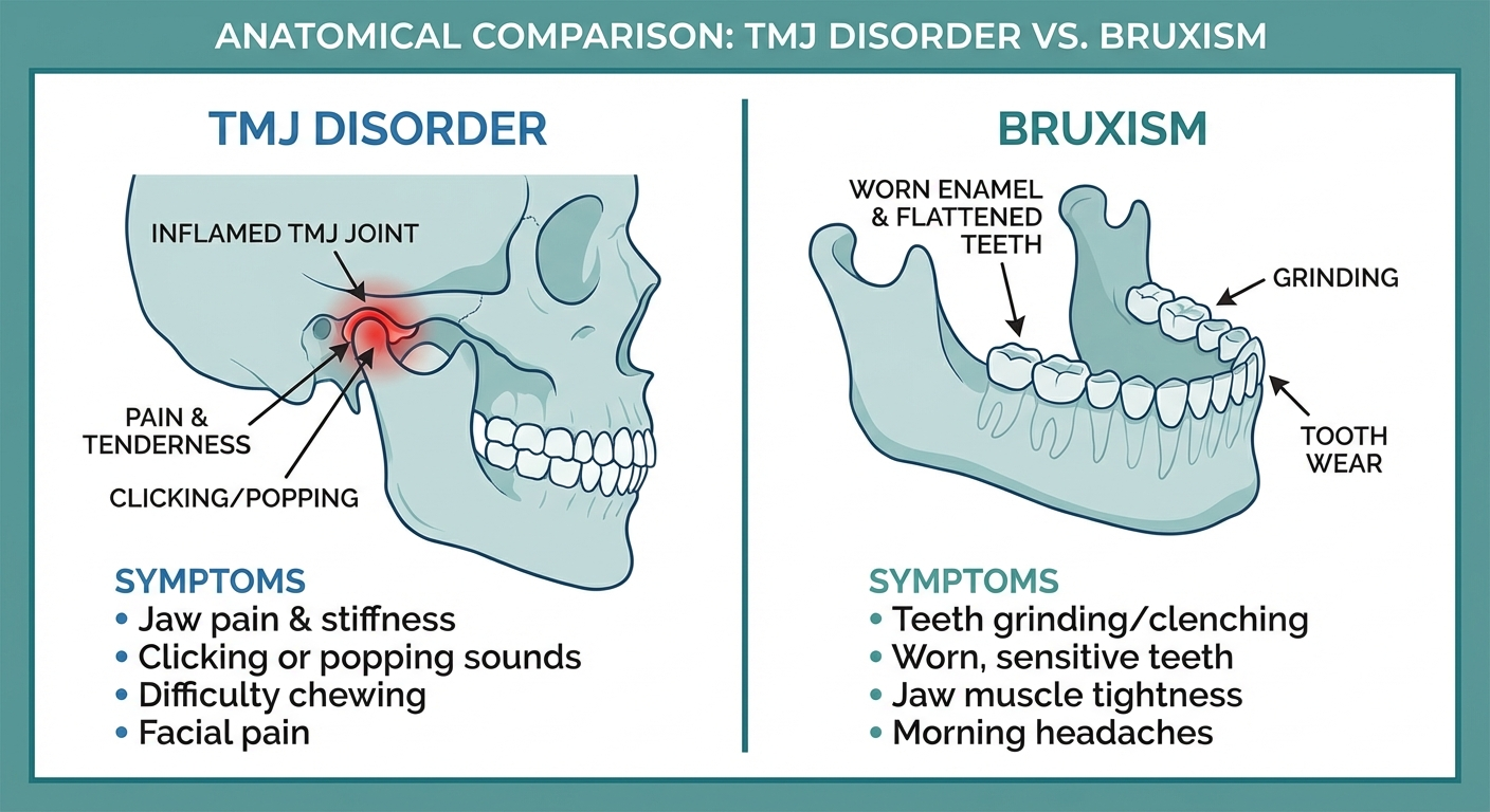 Medical infographic: [treatment comparison infographic for TMJ disorder vs bruxism side by 